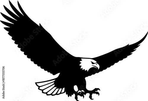 Black and white eagle silhouette flying with open talons vector for apps and websites