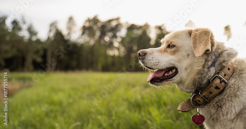 Happy mixed breed dog with Labrador type appearance walking and relaxing outdoors near a lake. Peaceful nature setting with grass, water and forest background. Concept of active lifestyle with dog, pe