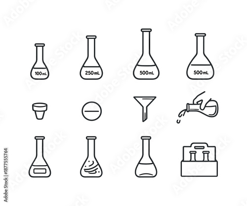 Volumetric Flask Icons. Complete Volumetric Flask Essentials. Line icon set of Complete Volumetric Flask Essentials: mL flask, mL flask, mL flask, stopper,