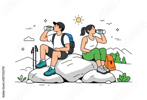 Hikers Resting Scene. Hiking trip break. Hikers resting on a rock and drinking water. Relaxation, recovery and quiet appreciation of nature. Minimalist flat