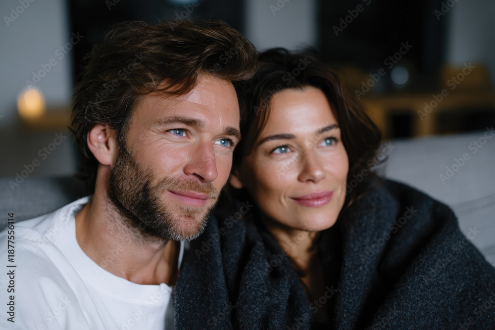 Fototapeta premium A couple relaxes together, radiating affection and joy, while enjoying a moment of closeness and sharing smiles, embodying love in a tranquil and modern living space.