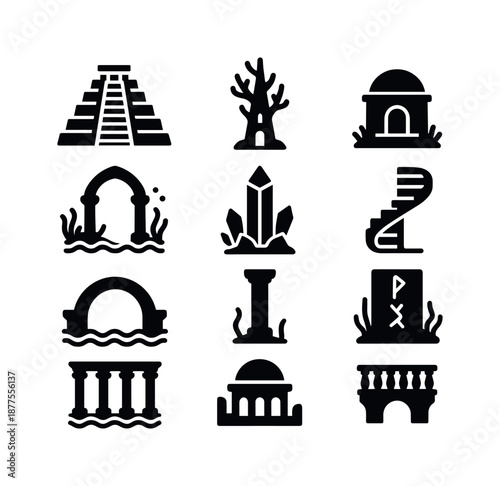 Atlantean Icon Set. Atlantean myth. Solid icon set of mythical architecture: stepped temple, coral tower, dome shrine, underwater gate, crystal obelisk, spiral