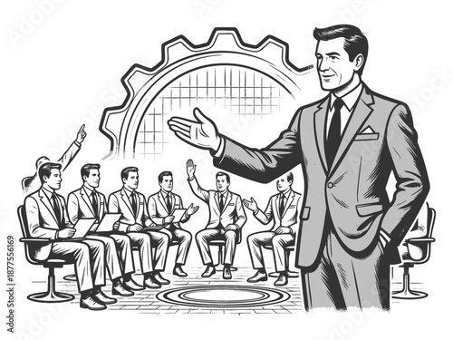 poised executive speaking to a group of seated professionals, symbolizing leadership, teamwork, and business strategy sketch engraving generative ai vector illustration. Scratch board. Black and white