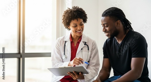 Friendly Black female doctor explaining medical results to a male patient in a bright clinic office.