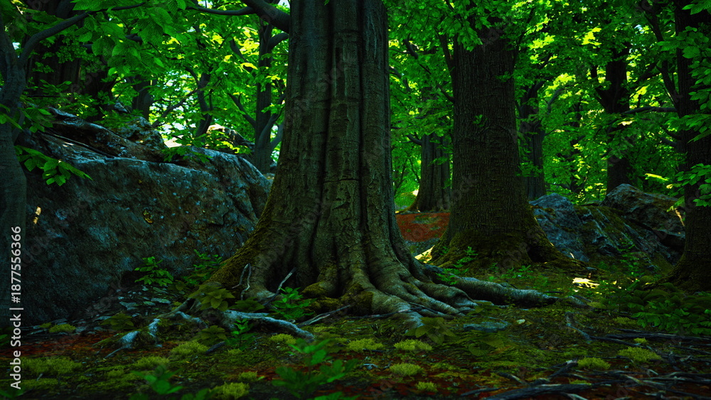 Fototapeta premium Sunlight filters through a thick canopy of leaves in a quiet forest. Ancient trees stand tall, their gnarled roots entwined with rocks and moss, creating a serene atmosphere.