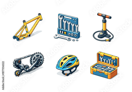 Bicycle Repair Tools. Bicycle Repair. Isometric flat vector icons set of Fixing a Bicycle: bicycle frame, wrench set, tire pump, chain and gear, helmet,