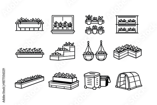 Urban Farming Icons. Urban farming. Line icon set of small-space growing setups: balcony rail planter, window herb shelf, wall-mounted pots, indoor grow rack,