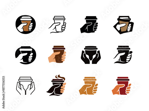 Latte Logo Variations. Latte in hand. Icon set. Set Logo of latte in hand: takeaway latte cup. harmonious logo variations of the same emblematic concept, each