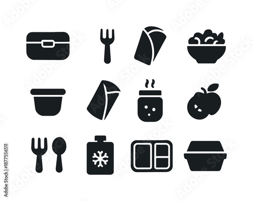 Lunch Prep Icons. Lunch prep icons. Solid icon set of lunch prep icons: lunchbox, prep fork, wrap sandwich, salad bowl, dressing cup, meal wrap, soup jar,