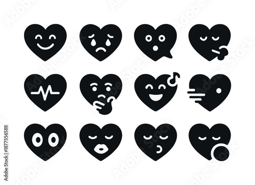 Heart Expression Icons. Heart expressions. Solid icon set of heart expressions: smiling heart, heart tears, talking heart, heart exhale, heartbeat wave,
