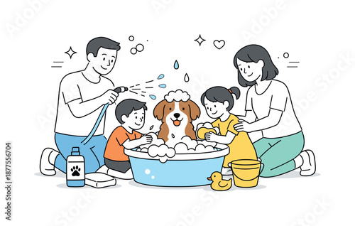 Family Dog Wash. Family washing dog together. Children helping carefully while adults guide the process. Learning responsibility and kindness through simple