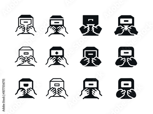 Building Drawer Logos. building opening a jammed drawer. Icon set. Set Logo of building opening a jammed drawer: hands struggling to open drawer front.