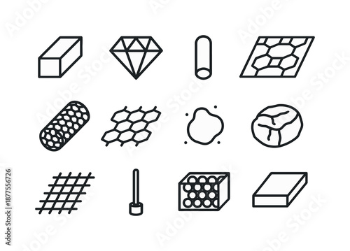 Carbon Materials Icons. Carbon materials. Line icon set of carbon materials: graphite block, diamond crystal, activated carbon pellet, carbon fiber sheet,