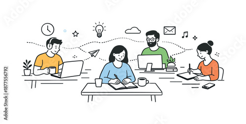 Collaborative Workspace Harmony. Shared workspace productivity. Individuals working independently at desks while feeling connected. Quiet concentration and