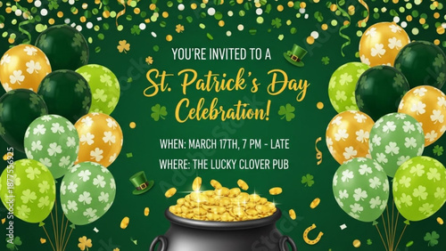 St. Patricks Day Celebration Invitation with Balloons and Pot of Gold