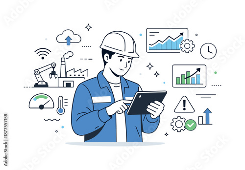 Smart IoT Monitoring. Industrial IoT monitoring. A technician analyzing real-time metrics from sensors on a tablet. Insight and predictive control, clean
