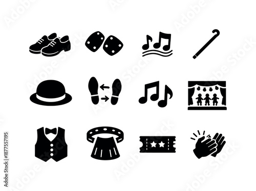 Kids Tap Dance Icons. Kids tap dance. Solid icon set of kids tap dance: tap shoes, tap plate icon, rhythm taps, cane prop, bowler hat, dance step diagram,
