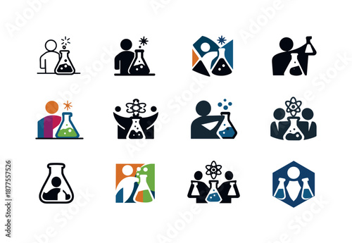 Educational Logo Variations. Exhibitions and learning experiences. Icon set. Set Logo of exhibitions and learning experiences: science demonstration symbol.