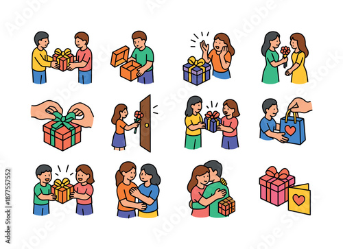 Gift-Giving Icons. Gift-Giving Moments. Colorful isometric vector icons set of Gift-Giving Moments: exchanging gifts, opening a present, delighted reaction,