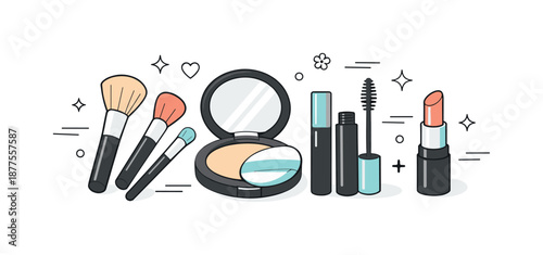 Elegant Makeup Essentials. Makeup tools and cosmetics. A clean editorial scene showing brushes, compact powder, mascara and lipstick laid out with soft motion