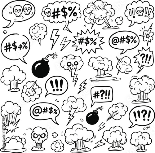 Comic Swear Speech Bubbles and Explosions Vector Set, Hand Drawn Cartoon Bomb and Anger Doodle Graphics, Monochrome Comic Explosion Sound Effects and Skull Art
