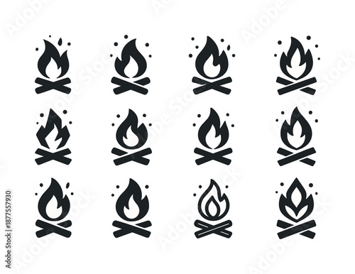 Bonfire Icon Set. Bonfires and outdoor gatherings. Icon set. Set Logo of bonfires and outdoor gatherings: bonfire sparks symbol. harmonious logo variations of