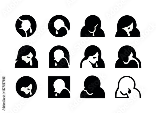 Tearful Darkness Icons. Crying alone in darkness. Icon set. Set Logo of crying alone in darkness: falling tear path. harmonious logo variations of the same