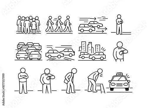 Urban Street Icons. Busy Street Taxi Wait. Line icon set of Busy Street Taxi Wait: crowded sidewalk, multiple pedestrians, traffic flow lines, person waiting