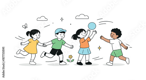 Joyful Kids Outdoors. Kids playing together outdoors. Simple joyful scene with children interacting and moving, expressing social connection and seasonal