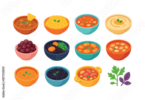 World Bean Icons. World Bean Recipes. Colorful flat vector icons set of World Bean Recipes: Mexican refried beans, Indian dal, Italian bean soup, Middle