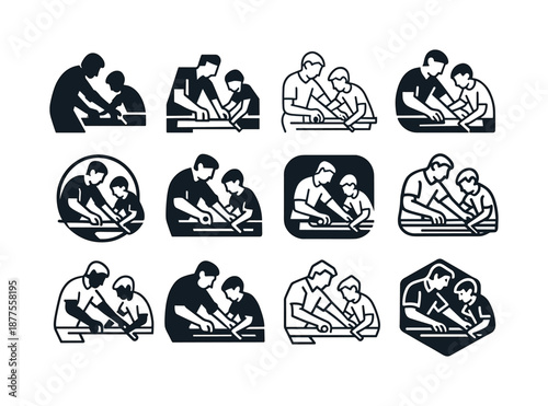 Father-Son Home Project. A father and son working together on a home improvement project. Icon set. Set Logo of A father and son working together on a home