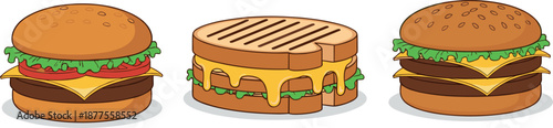 Set of three gourmet food vector illustrations featuring classic cheeseburgers and a triple layered melting grilled cheese sandwich