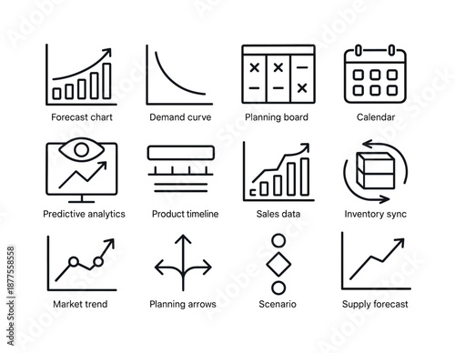 Demand Planning Icons. Demand planning. Line icon set of Demand planning: forecast chart, demand curve, planning board, calendar icon, predictive analytics,