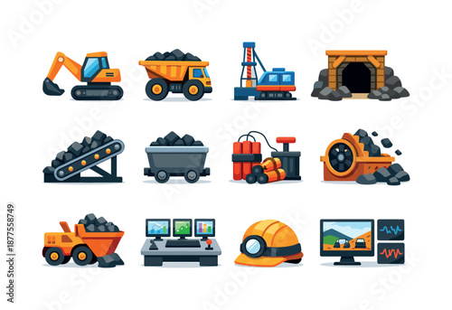 Colorful Mining Icons. Mining Operations. Colorful flat vector icons set of Mining Operations: excavators, haul trucks, drilling rigs, mine entrances, conveyor