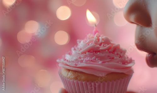 Close up of pink frosting cupcake with candle 