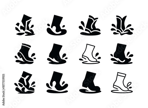 Splashing Puddle Icons. Splashing in puddles. Icon set. Set Logo of splashing in puddles: boot splash motion. harmonious logo variations of the same emblematic