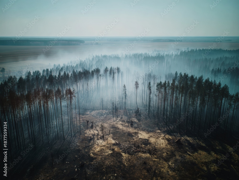 Fototapeta premium A dense, lush forest transformed into charred, blackened earth after a fire, aerial view with hazy atmosphere and deep depth of field showing the devastating impact of wildfire on nature.