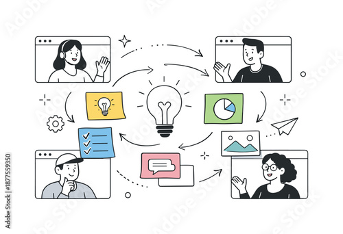 Remote Creative Collaboration. Remote brainstorming session. Team exchanging ideas through video screens and digital notes, creative yet calm atmosphere.