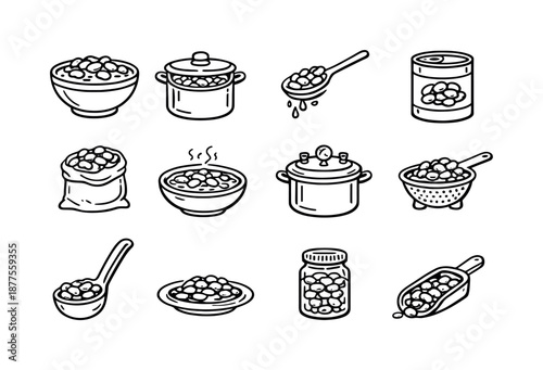 Cooked Beans Icons. Cooked Beans. Line icon set of Cooked Beans: bowl of beans, pot of beans, spoon with beans, canned beans, bean bag, bean stew, pressure