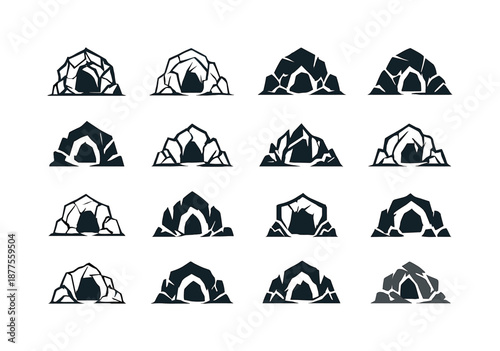Cavern Logo Collection. Caves and caverns. Icon set. Set Logo of Caves and caverns: rock fragments. harmonious logo variations of the same emblematic concept,