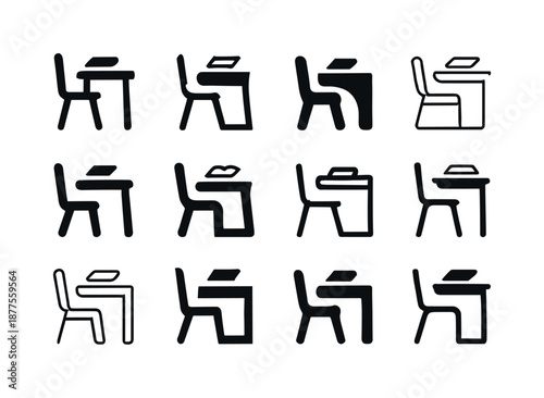 School Logo Variations. first day of school. Icon set. Set Logo of first day of school: classroom desk. harmonious logo variations of the same emblematic
