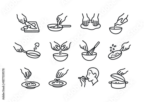 Cooking Icon Set. Cooking actions. Line icon set of Cooking actions: chopping vegetables, stirring pan, kneading dough, pouring liquid, flipping food, cracking