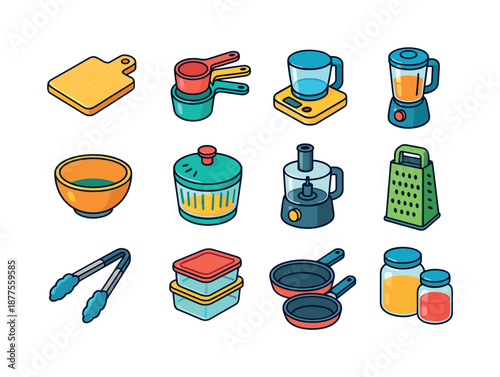 Colorful Meal Prep Icons. Meal prep tools. Colorful isometric vector icons set of meal prep tools: chopping board, measuring cups, digital scale, blender,