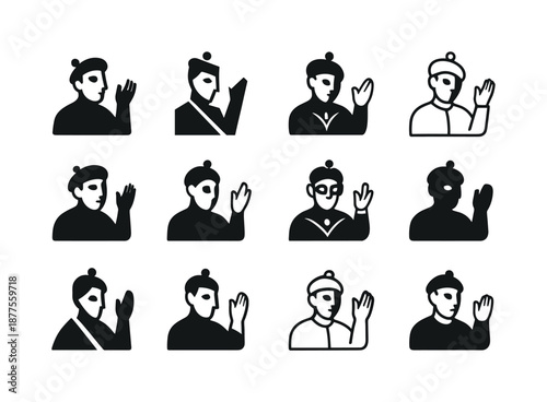 Interactive Theater Icons. Interactive theater. Icon set. Set Logo of interactive theater: performer with gesture. harmonious logo variations of the same