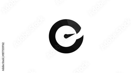 A monochrome emblem featuring a stylized "e" partially enclosed within a thick, black, circular form