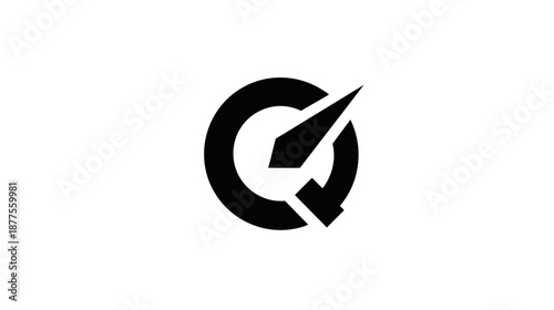 A stylized black illustration, featuring a circular design with a pointed arrow and a directional shape