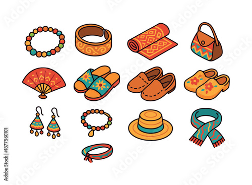 Cultural Accessories Icons. Cultural accessories. Colorful isometric vector icons set of cultural accessories: beaded necklace, carved bracelet, embroidered