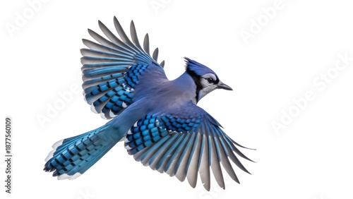 Tablou pe pânză Isolated Blue Jay in flight displaying wings plumage in detail, bird in motion w