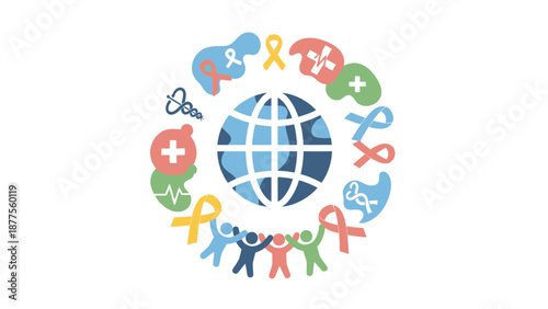 Global unity illustration surrounding a blue globe with diverse symbols and figures together in harmony worldwide