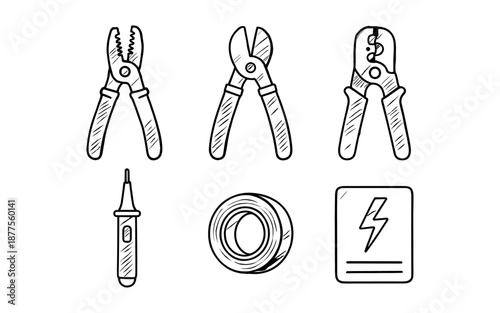 Hand drawn electrical tools set with wire cutters and pliers